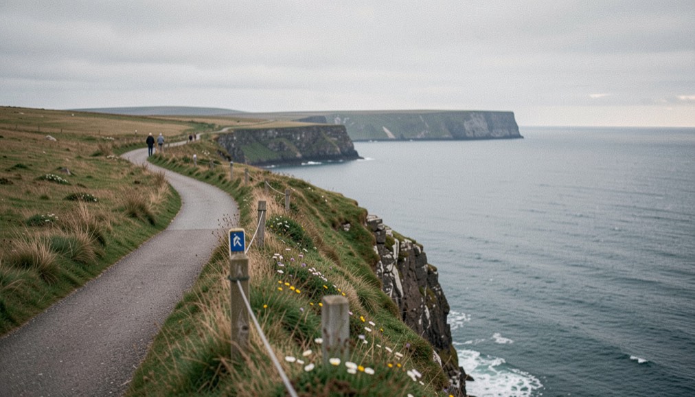 Waymarked coastal path running along the top of a grassy cliff with the sea far below and a headland ahead
