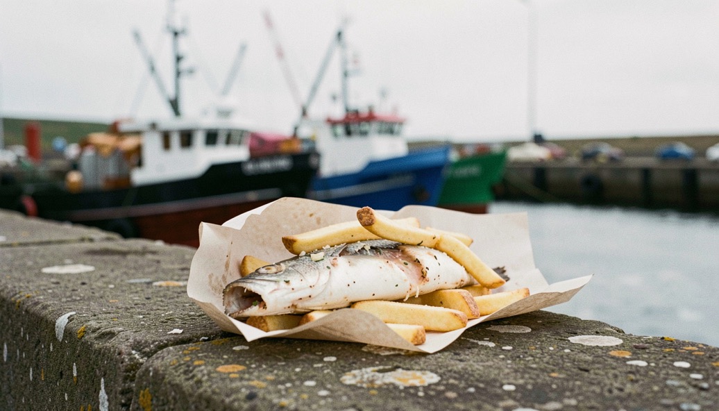 Battered white fish and thick cut chips wrapped in paper on a harbour wall with fishing boats blurred behind