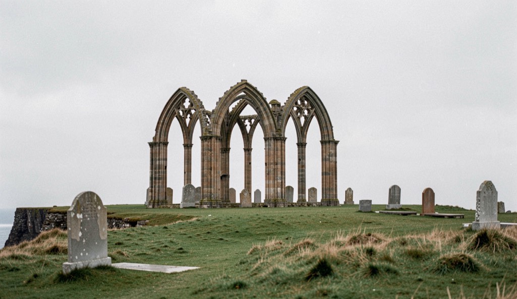 Roofless gothic arches of Whitby Abbey standing on a bare clifftop against a pale sky with grass and gravestones around